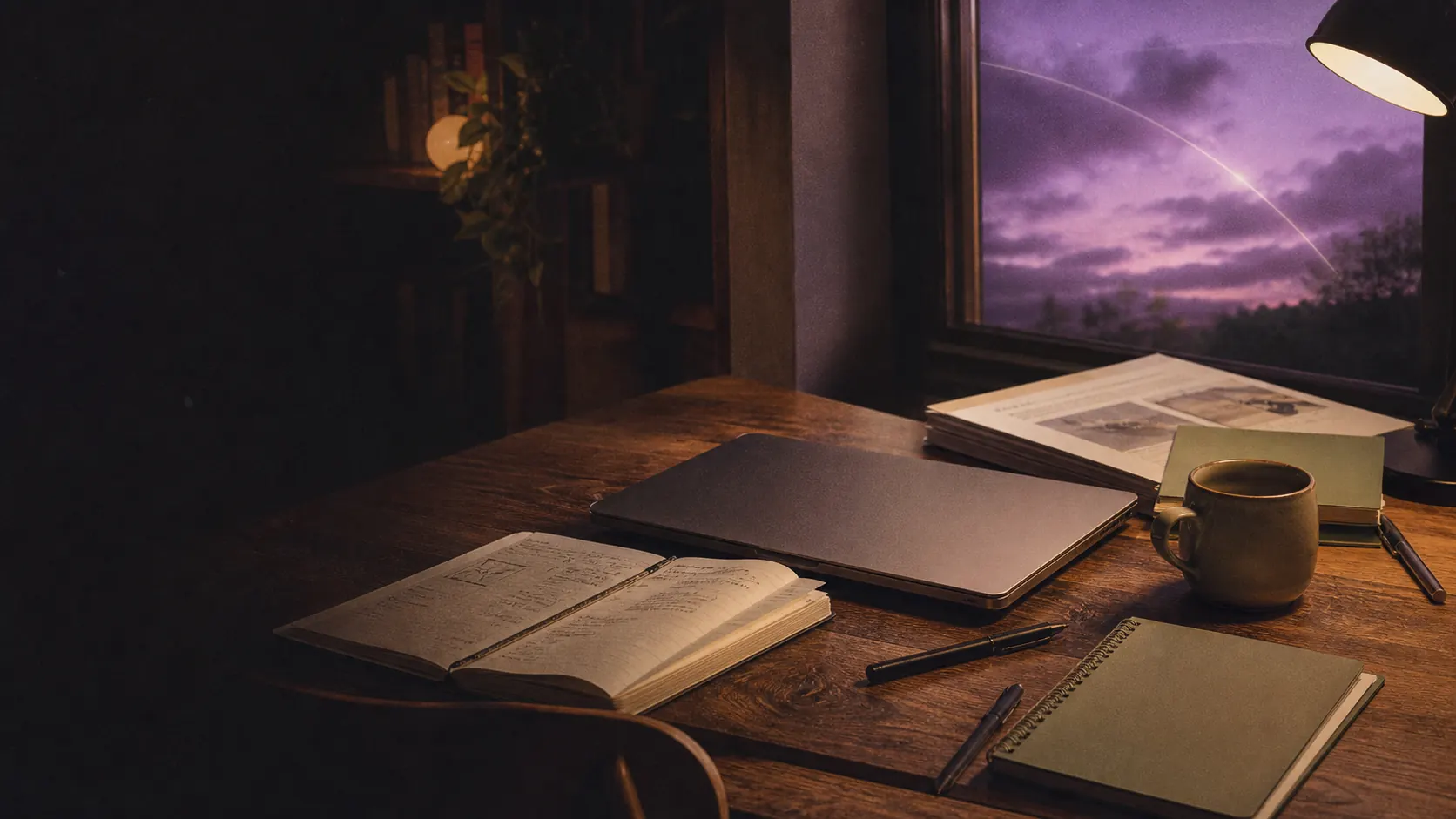 A table after the course with notebooks and a mug by the window